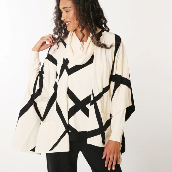 WYNNE LAYERS Plus Size 1X Intarsia Poncho Open Cardigan IVORY/BLACK SOFT - Picture 1 of 11